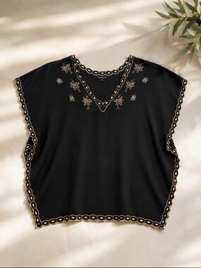 Y2K Boho Embroidered Caftan Top Black Cream Resortwear